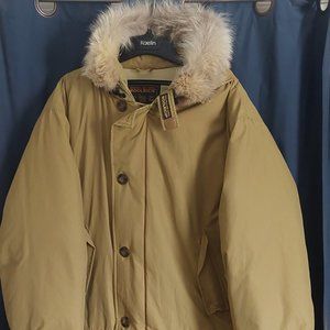 Woolrich Parka Men 3XL Mustard Brown Down Coyote Fur Trim Hooded Jacket